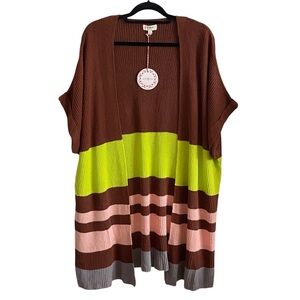 Umgee Colorblock Brown Green Pink Sweater Cardigan Kimono Womens Size Small NWT